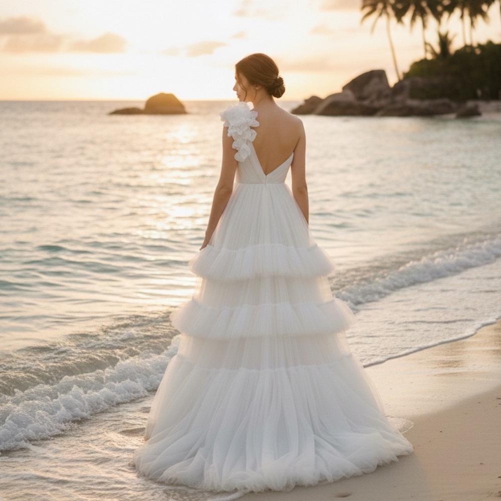 Modern Boho Tiered Wedding Dress | Whimsical White Tulle Gown with Ruffles -XS
